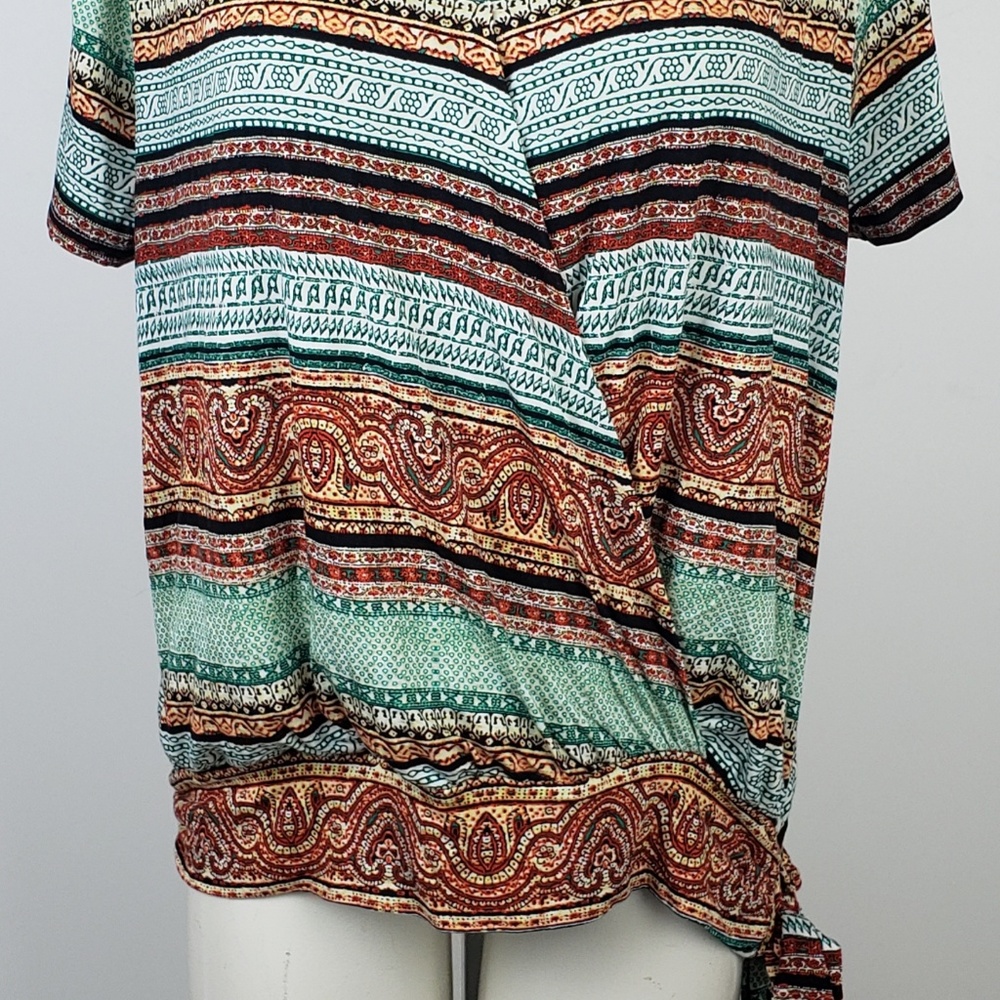 Cato Top size Large Green Pink Stripe Wrap Blouse - Picture 2 of 7